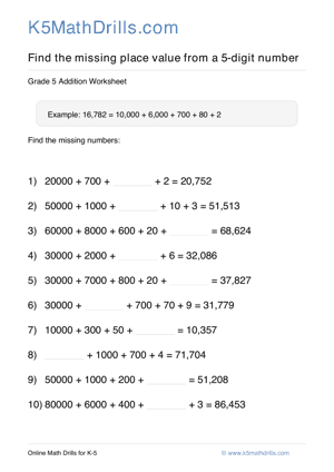 Grade 5 Place Value Missing 5 Digit 72