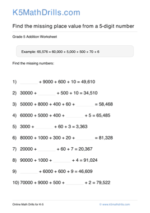 Grade 5 Place Value Missing 5 Digit 73