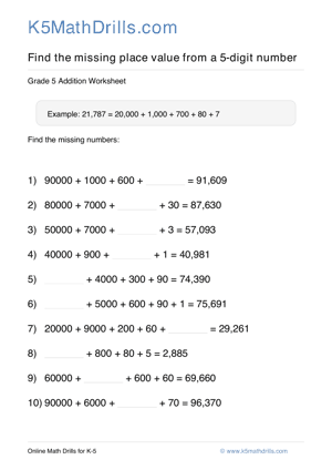 Grade 5 Place Value Missing 5 Digit 74