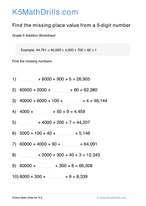 Grade 5 Place Value Missing 5 Digit 75