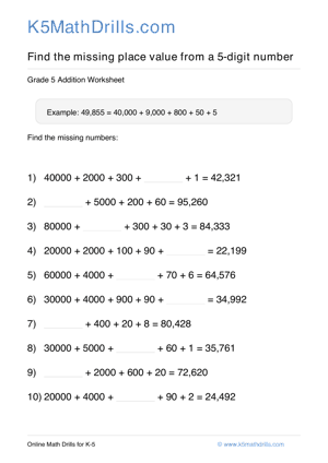 Grade 5 Place Value Missing 5 Digit 76