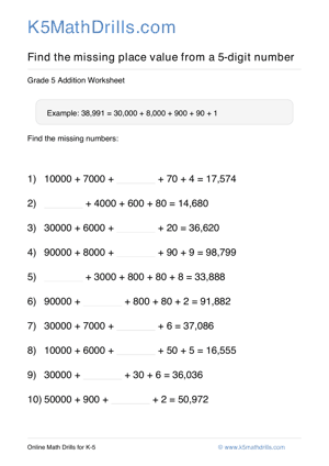 Grade 5 Place Value Missing 5 Digit 77