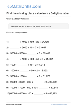 Grade 5 Place Value Missing 5 Digit 78