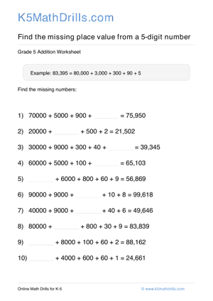 Grade 5 Place Value Missing 5 Digit 79