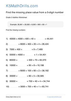 Grade 5 Place Value Missing 5 Digit 80