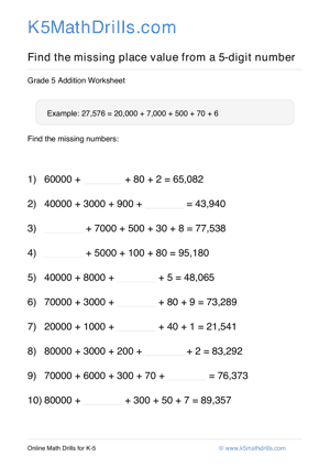 Grade 5 Place Value Missing 5 Digit 83