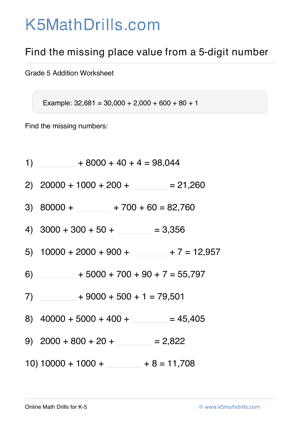 Grade 5 Place Value Missing 5 Digit 84