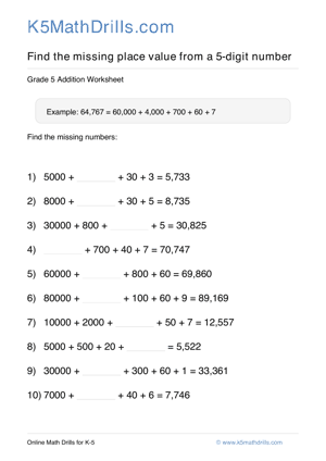 Grade 5 Place Value Missing 5 Digit 85