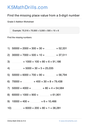 Grade 5 Place Value Missing 5 Digit 86