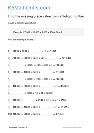 Grade 5 Place Value Missing 5 Digit 87