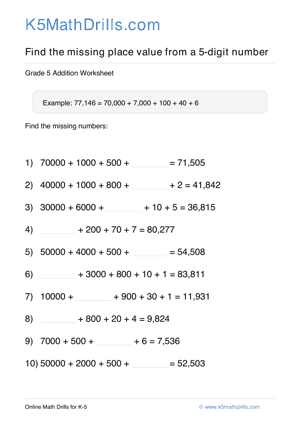 Grade 5 Place Value Missing 5 Digit 88