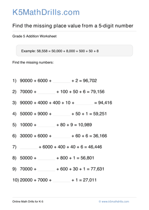 Grade 5 Place Value Missing 5 Digit 89