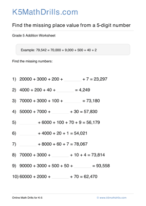 Grade 5 Place Value Missing 5 Digit 9