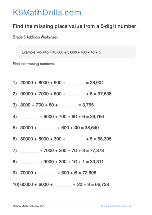 Grade 5 Place Value Missing 5 Digit 90