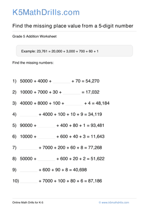 Grade 5 Place Value Missing 5 Digit 91