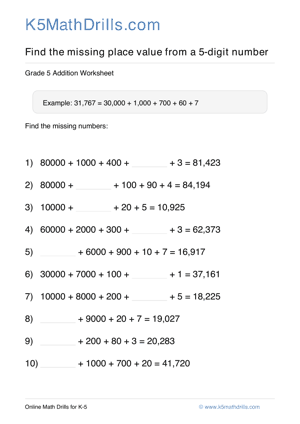 Grade 5 Place Value Missing 5 Digit 95