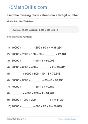 Grade 5 Place Value Missing 5 Digit 96