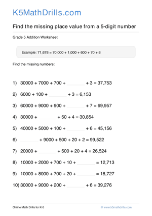 Grade 5 Place Value Missing 5 Digit 97