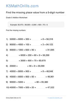 Grade 5 Place Value Missing 5 Digit 98