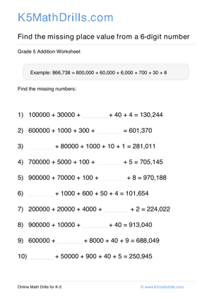 Grade 5 Place Value Missing 6 Digit 100