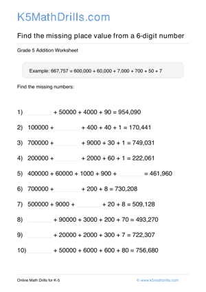 Grade 5 Place Value Missing 6 Digit 11