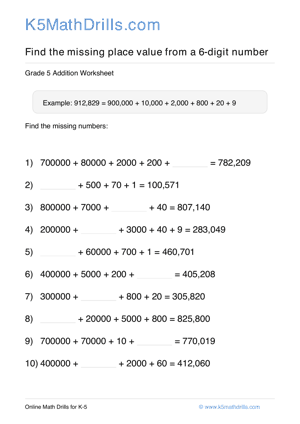 Grade 5 Place Value Missing 6 Digit 12