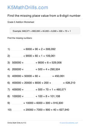 Grade 5 Place Value Missing 6 Digit 13