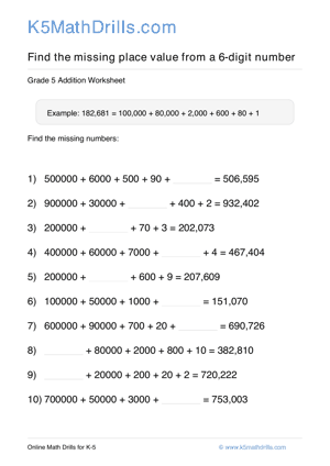 Grade 5 Place Value Missing 6 Digit 14