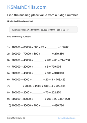 Grade 5 Place Value Missing 6 Digit 16