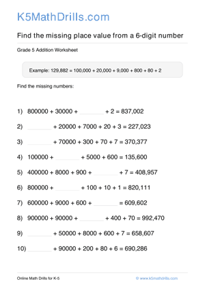 Grade 5 Place Value Missing 6 Digit 17