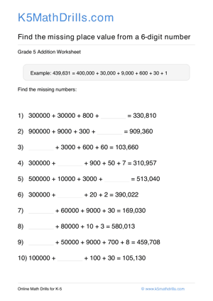 Grade 5 Place Value Missing 6 Digit 18