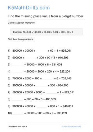 Grade 5 Place Value Missing 6 Digit 19