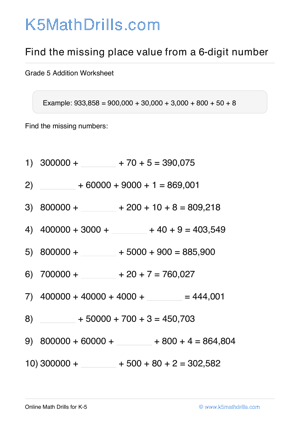 Grade 5 Place Value Missing 6 Digit 2