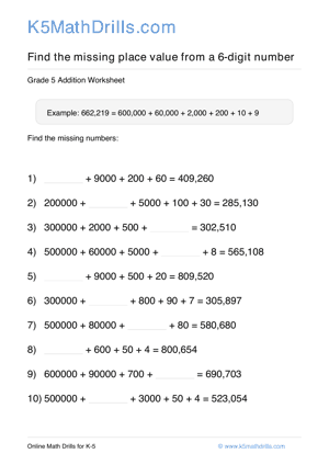 Grade 5 Place Value Missing 6 Digit 20