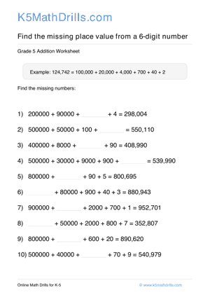 Grade 5 Place Value Missing 6 Digit 21