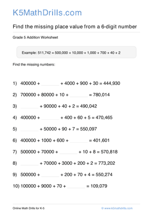 Grade 5 Place Value Missing 6 Digit 22