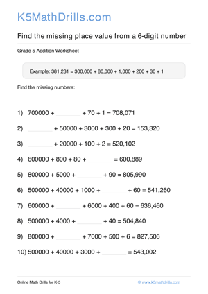 Grade 5 Place Value Missing 6 Digit 23