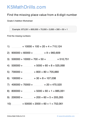 Grade 5 Place Value Missing 6 Digit 24