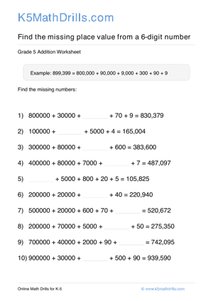 Grade 5 Place Value Missing 6 Digit 25