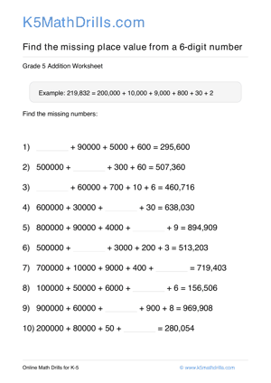 Grade 5 Place Value Missing 6 Digit 26