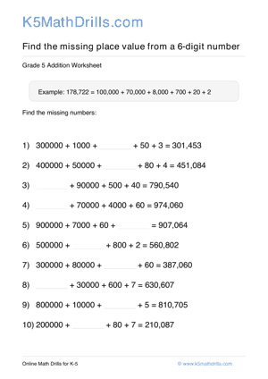 Grade 5 Place Value Missing 6 Digit 27