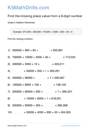 Grade 5 Place Value Missing 6 Digit 28