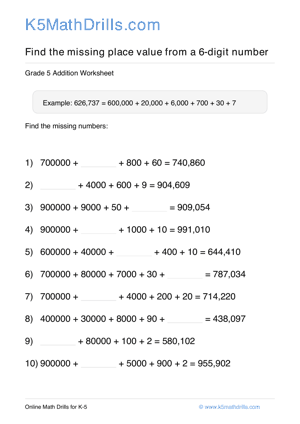 Grade 5 Place Value Missing 6 Digit 29