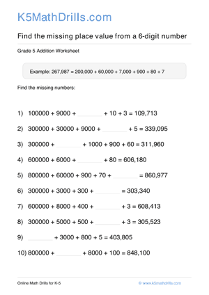 Grade 5 Place Value Missing 6 Digit 3