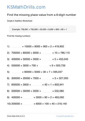 Grade 5 Place Value Missing 6 Digit 30