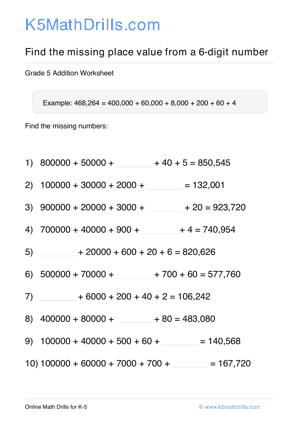 Grade 5 Place Value Missing 6 Digit 31