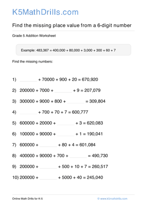 Grade 5 Place Value Missing 6 Digit 32