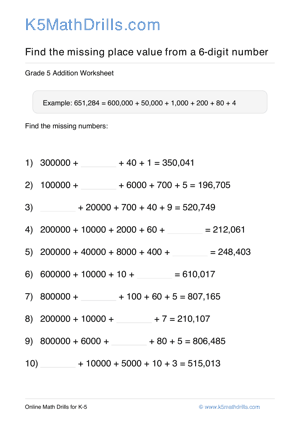 Grade 5 Place Value Missing 6 Digit 33