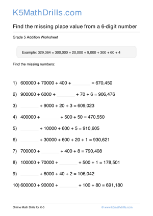 Grade 5 Place Value Missing 6 Digit 34