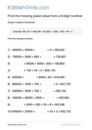 Grade 5 Place Value Missing 6 Digit 35